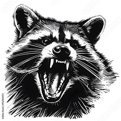 Racoon full aggressive expression black and white illustration photo