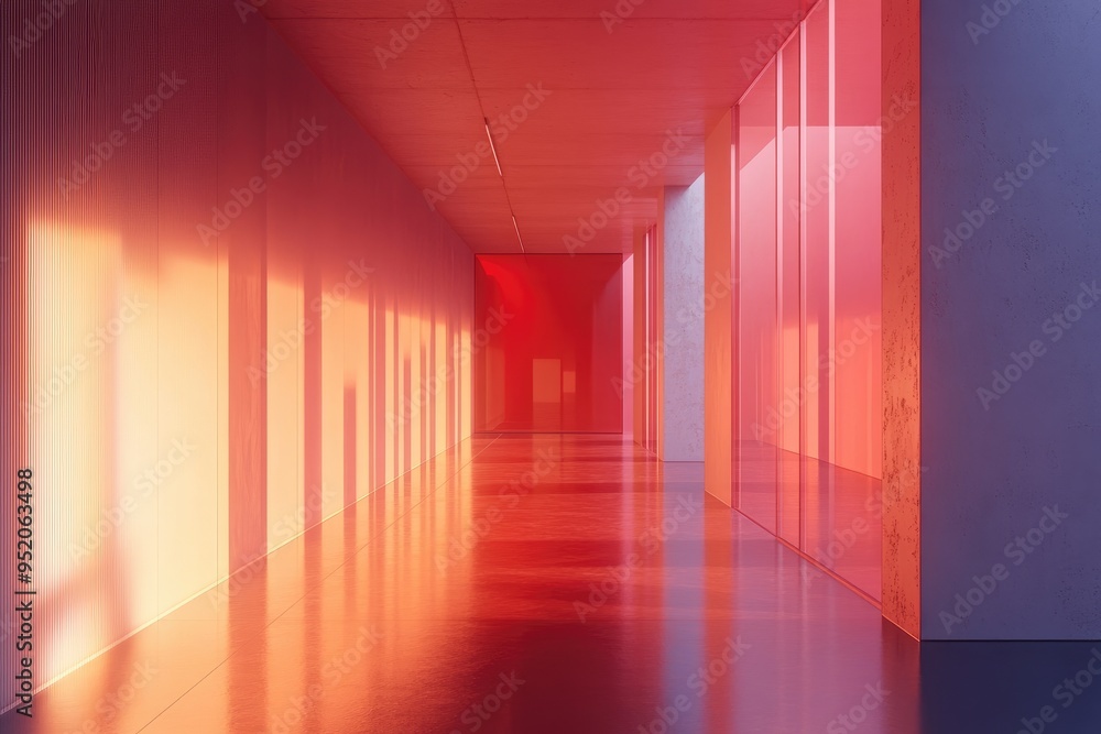Red Interior Space With Glass Wall And Reflective Floor