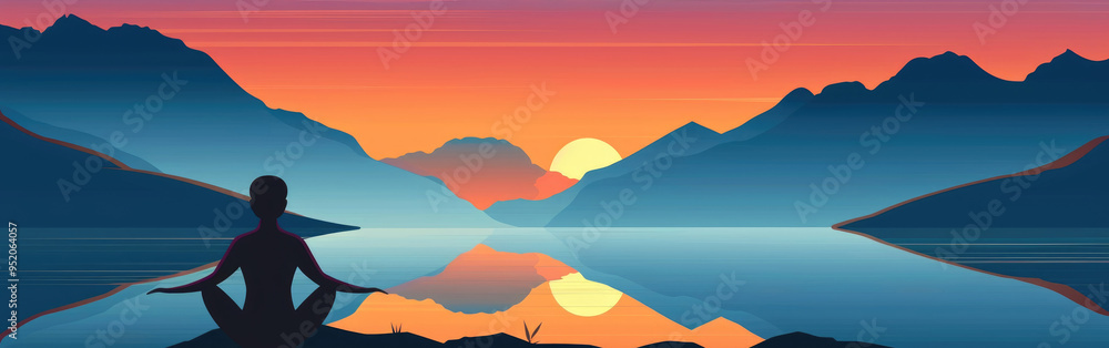 A person practices meditation by a tranquil lake as the sun sets behind majestic mountains, casting vibrant colors across the sky