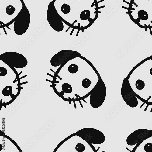 Seamless vector pattern with cute draw fluffy dogs. Simple doodle style. Grid