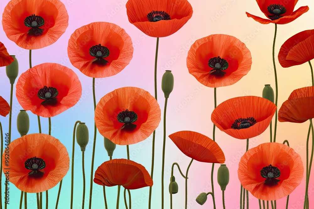 Obraz premium Vibrant Poppies Flourishing on a Soft Pastel Background for Remembrance and Tribute