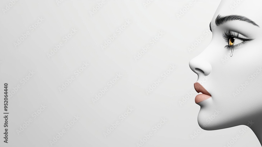 Woman's face, teary eyes filled with hope, 3D illustration Woman's face, teary eyes filled with hope, 3D illustration