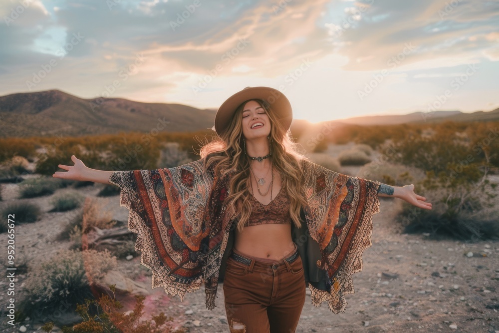 Naklejka premium A joyful woman, arms spread wide, embraces the vast desert landscape as the sun sets behind her, wearing a colorful shawl and hat.