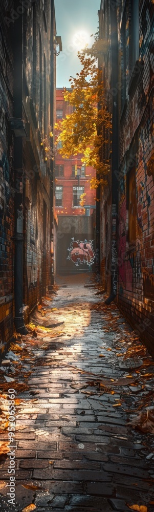Street with graffiti on it and a brick walkway Street with graffiti on it and a brick walkway