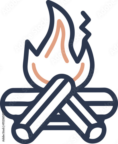 캠프파이어 아이콘, 모닥불과 통나무가 있는 단순한 일러스트레이션