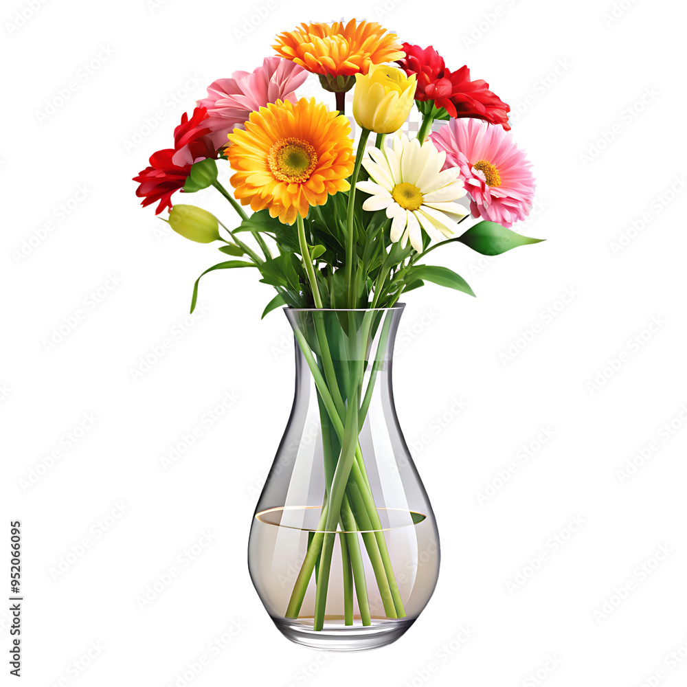 Obraz premium Colorful Flower Bouquet in a Transparent Glass Vase Isolated on White Background as Transparent. PNG. AI GENERATED