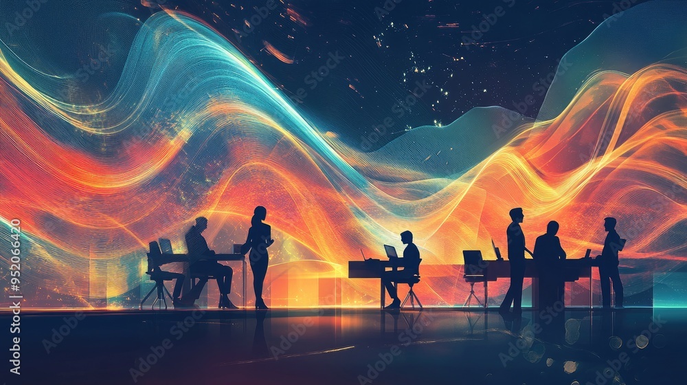 Fototapeta premium Silhouettes of businesspeople working in front of an abstract background.