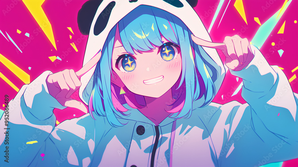 cute panda character wearing anime onesie costume, anime style, cute kawaii, simple, smiling happy. neon psychedelic background cute panda character wearing anime onesie costume, anime style, cute kawaii, simple, smiling happy. neon psychedelic background