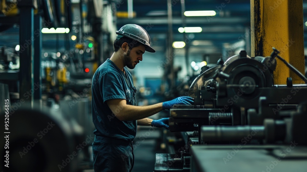 A factory worker operates heavy machinery with focus, ensuring safety on the factory floor in a high-stakes manufacturing environment. A factory worker operates heavy machinery with focus, ensuring safety on the factory floor in a high-stakes manufacturing environment.