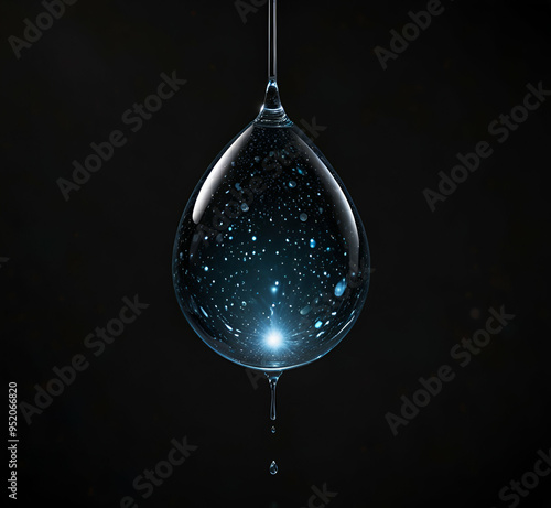 A luminous water droplet suspended in the darkness AI generative