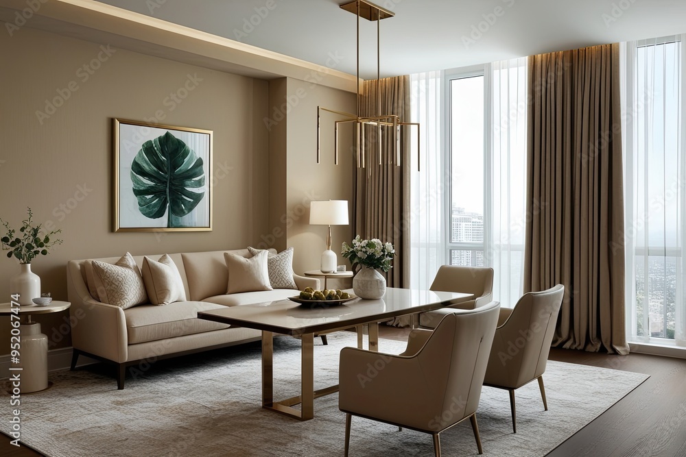 Fototapeta premium Stylish Modern Beige Living Space with Dining Area and Bright Window for Elegant Home Living