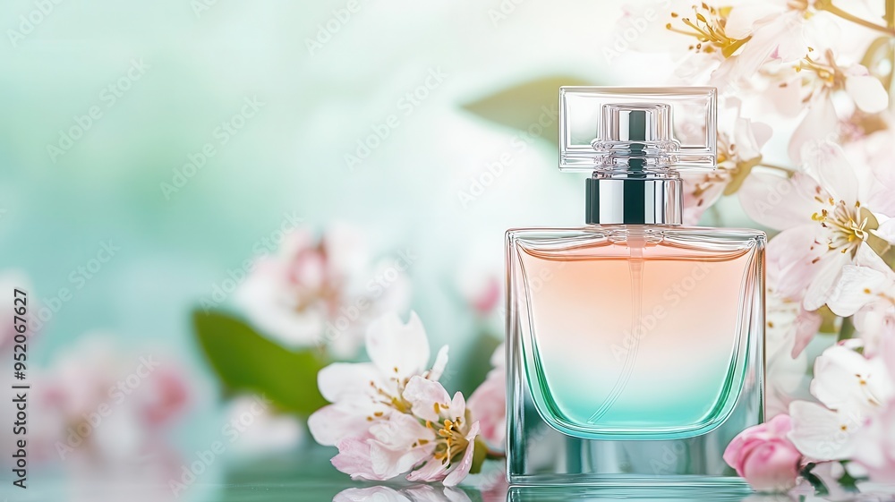 A closeup of a perfume bottle with pastelcolored liquid inside A closeup of a perfume bottle with pastelcolored liquid inside
