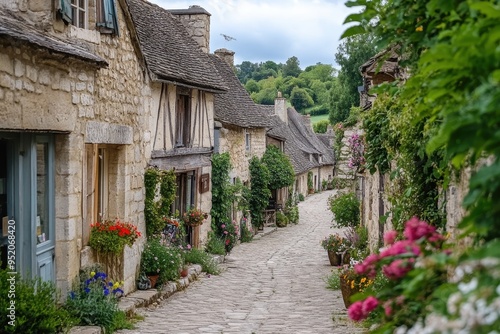 A charming cobblestone street lined with quaint houses and vibrant flowers.