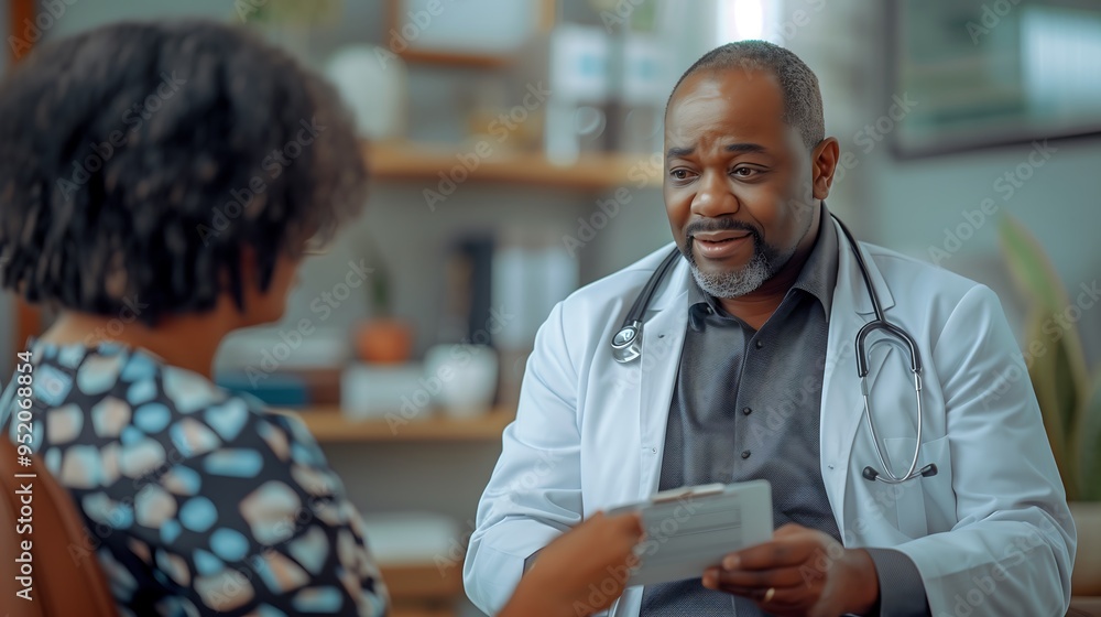 Doctor explaining diagnosis to patient in a cozy office Doctor explaining diagnosis to patient in a cozy office