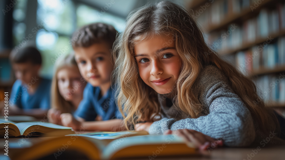 A girl is sitting with her friends in a library, looking at a book A girl is sitting with her friends in a library, looking at a book