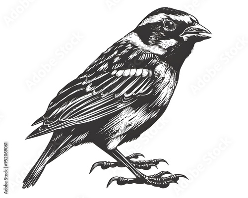 Sparrow Bird full aggressive expression black and white illustration photo