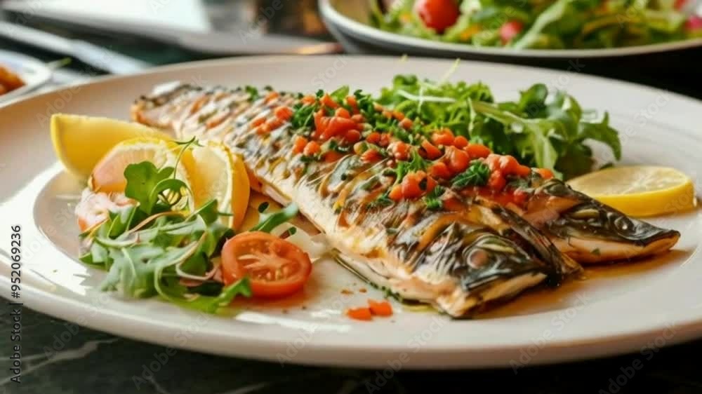 There is a plate lying on the table and there are small pieces of fish in the plate along with a huge dish and salad. There is a plate lying on the table and there are small pieces of fish in the plate along with a huge dish and salad.