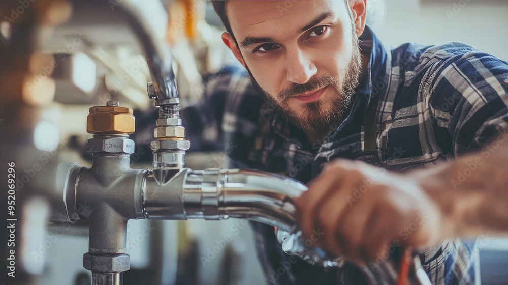 A focused plumber works on pipe maintenance, highlighting the importance of skilled plumbing services in maintaining home systems. A focused plumber works on pipe maintenance, highlighting the importance of skilled plumbing services in maintaining home systems.