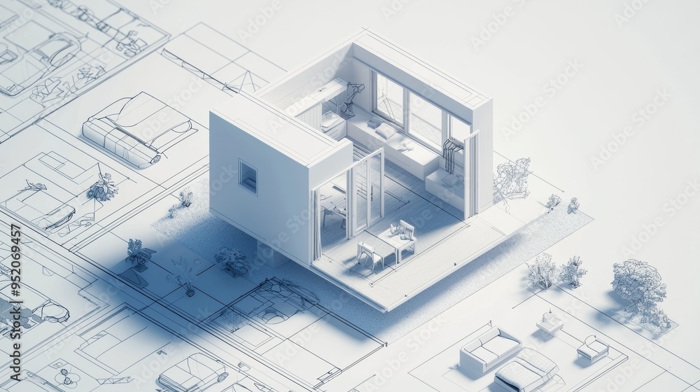 3D Model of a House on Blueprint Background. 3D Model of a House on Blueprint Background.