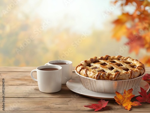 Thanksgiving dinner table, coffee mugs and pie, 3D illustration photo