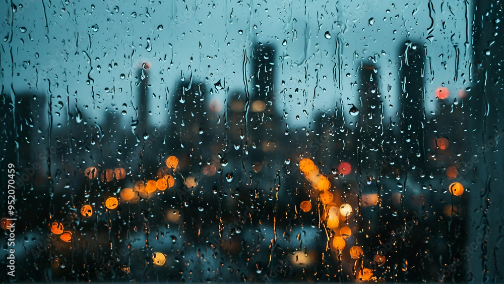 Obraz premium Cityscape Through a Raindrop-Covered Window.