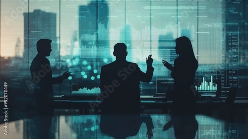 Silhouettes of three businesspeople analyzing financial data on a digital screen.