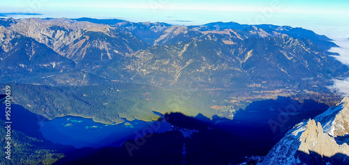 View to Eibsee from Zugspitze in sunny autumn day, November 20, 2021.