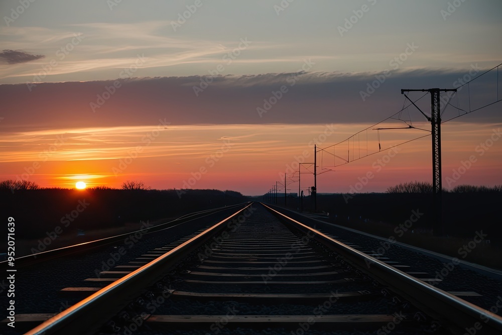 Train Tracks Silhouette at Sunset Horizon View Train Tracks Silhouette at Sunset Horizon View