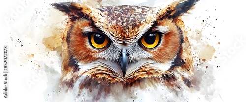 Close-up of a brown owl with large yellow eyes against a white and brown watercolor background. photo