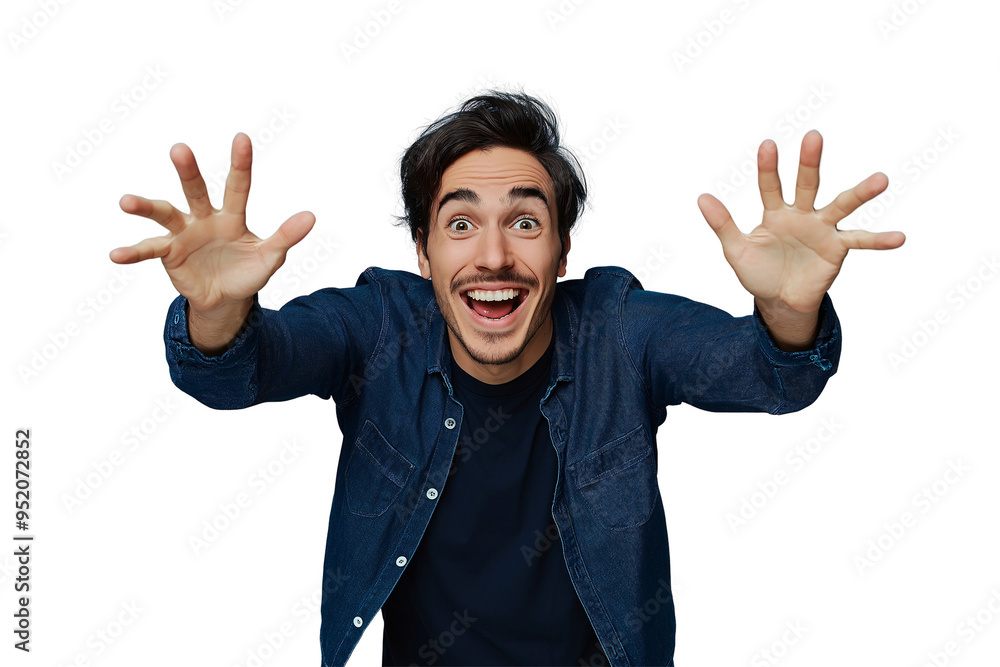A young man displays enthusiasm, smiling widely with outstretched hands in a cheerful gesture, embodying a vibrant and playful spirit in a simple setting A young man displays enthusiasm, smiling widely with outstretched hands in a cheerful gesture, embodying a vibrant and playful spirit in a simple setting