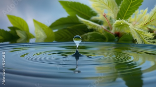 A highly detailed, macro-photographed close-up of a single, translucent raindrop suspended above a serene, mirror-like water surface, its rounded tip gently touching the water's edge, creating a mesme photo