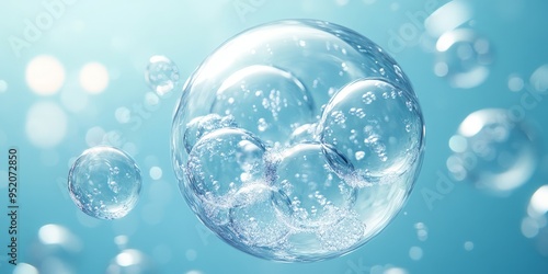 Floating Bubble with Molecules on Soft Blue Background