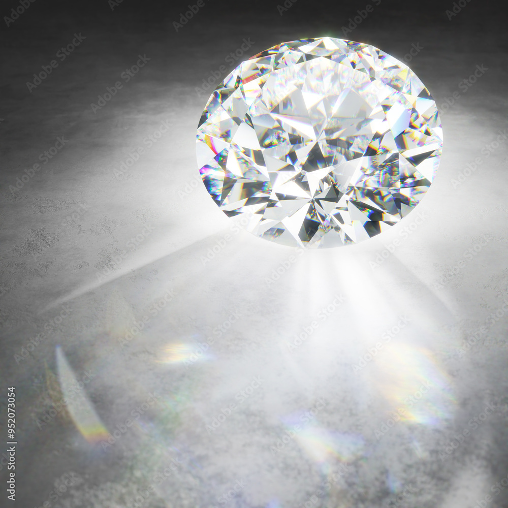 3D render of a diamond, casting prismatic reflections on a textured backdrop