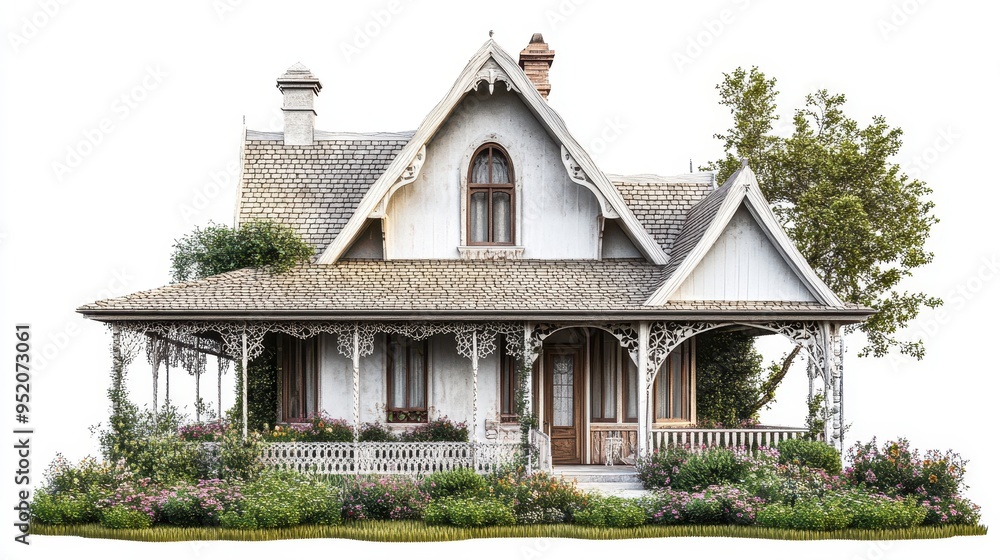 A charming Victorian-style house with a detailed porch and surrounding garden. A charming Victorian-style house with a detailed porch and surrounding garden.