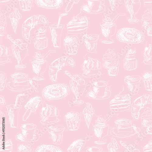 Seamless pattern with drinks an desserts art print for textile, paper, wallpaper decor design food kitchen cafe restaurants
