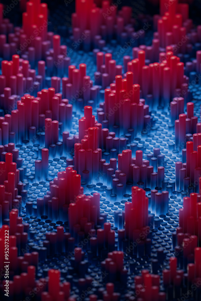 Close-up view of an abstract 3D rendered landscape featuring clusters of red and blue cylindrical shapes.