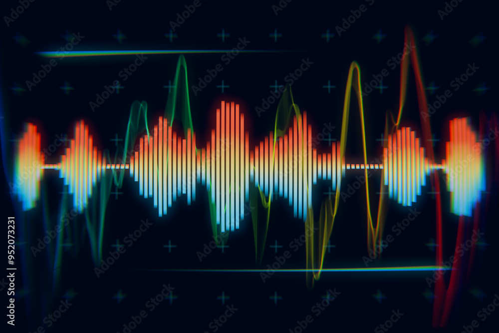 A colorful digital sound wave visualization featuring a dynamic waveform against a dark background.