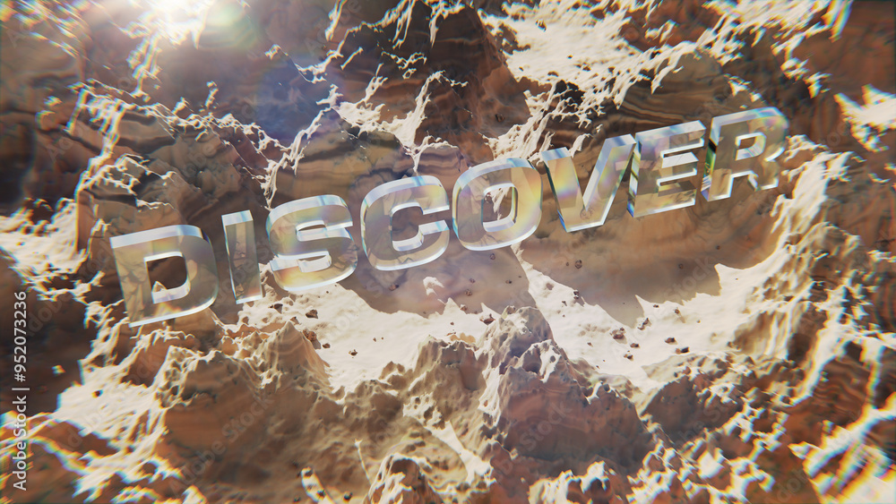 3D illustration of glass “DISCOVER” text flying over rugged, layered rocky terrain with light reflections.