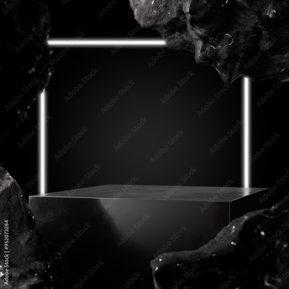 Sleek pedestal surrounded by jagged stones, highlighted by glowing bars in a dramatic contrast.