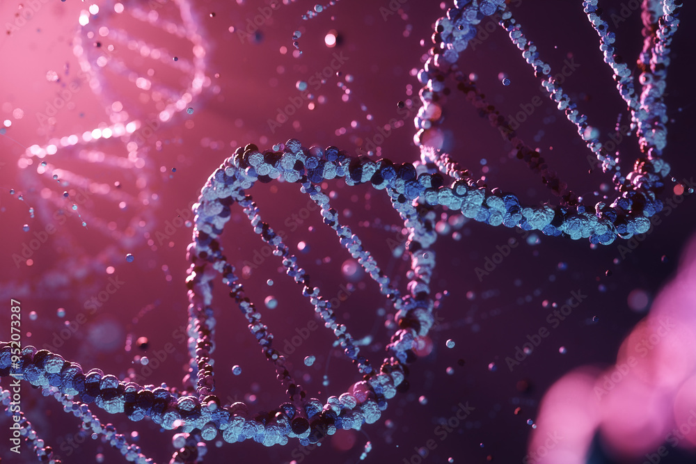 3D render of a DNA helix, set in a molecular environment with floating particles.