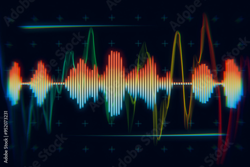 Obraz na płótnie A colorful digital sound wave visualization featuring a dynamic waveform against a dark background. w salonie