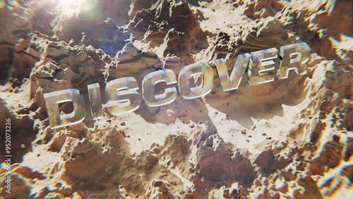 Obraz na płótnie 3D illustration of glass “DISCOVER” text flying over rugged, layered rocky terrain with light reflections. w salonie