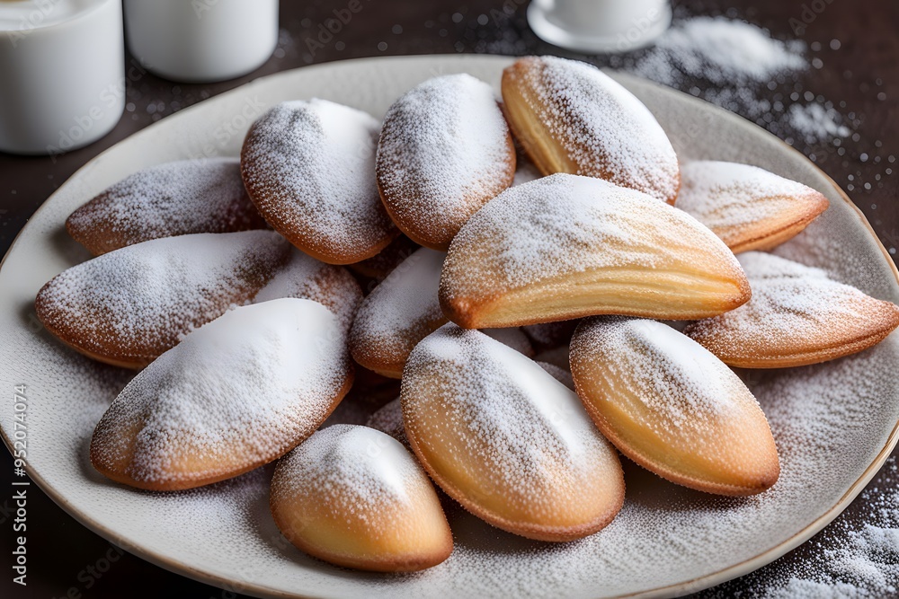 A plate of delicate madeleines lightly dusted with powdered sugar arranged neatly on a platter, AI Generated A plate of delicate madeleines lightly dusted with powdered sugar arranged neatly on a platter, AI Generated