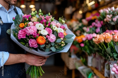 A florist in a vibrant flower shop holds a beautifully arranged bouquet of colorful flowers, embodying creativity, craftsmanship, and the joy brought by floral arrangements. photo