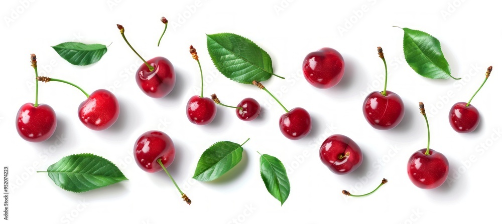 Fresh and vibrant cherries scattered on a white surface. Each cherry glows in bright red hues, complemented by lush green leaves. A perfect image for food, health, and nature themes. AI Fresh and vibrant cherries scattered on a white surface. Each cherry glows in bright red hues, complemented by lush green leaves. A perfect image for food, health, and nature themes. AI
