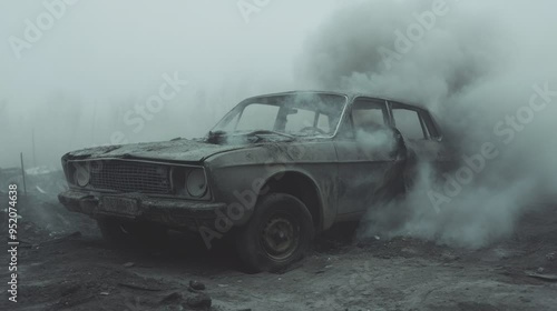 A distant view of a broken car from a shell hit