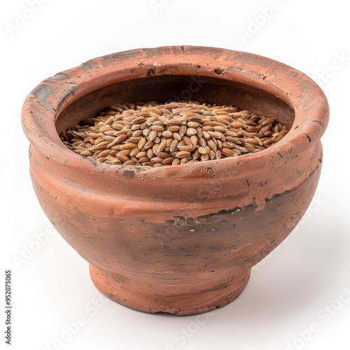 Medium shot of Grains on a bowl, isolated on a white background, 