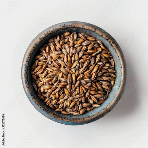 Medium shot of Grains on a bowl, isolated on a white background, 
