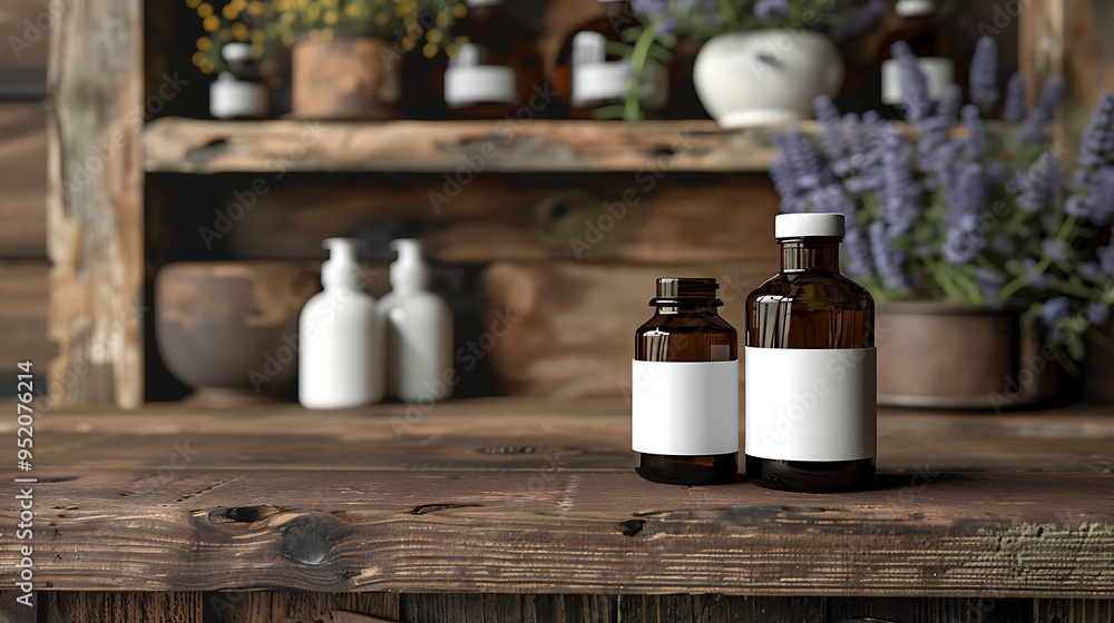 Two amber glass bottles with white labels sit on a rustic wooden countertop in a spa-like setting. Two amber glass bottles with white labels sit on a rustic wooden countertop in a spa-like setting.