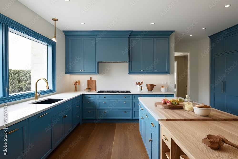 Fototapeta premium Spacious Minimalist Kitchen Design Featuring Sky Blue Cabinets and Open Layout